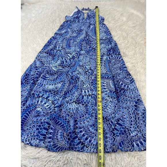 BOSTON PROPER Size 10 Boho Summer Peasant Tiered Maxi Dress Blue Feather Print - Picture 4 of 13